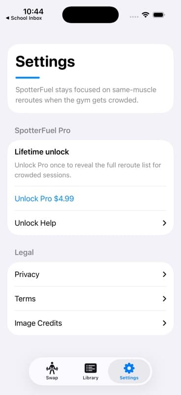 SpotterFuel settings and Pro unlock screen.